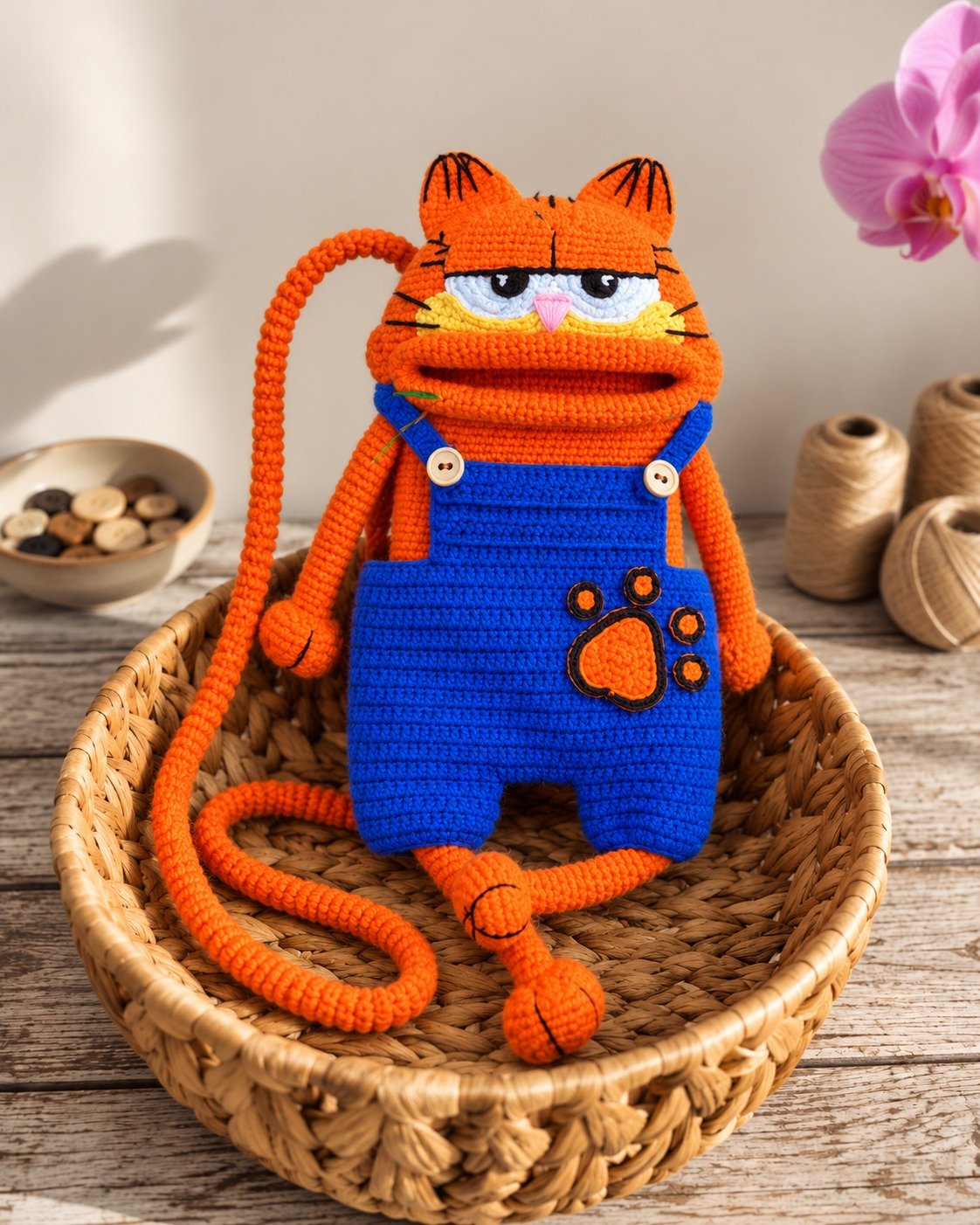 Tarçın – El Örgüsü Kedi Telefon Çantası | Mavi Tulumlu Çapraz Askılı Amigurumi Çanta